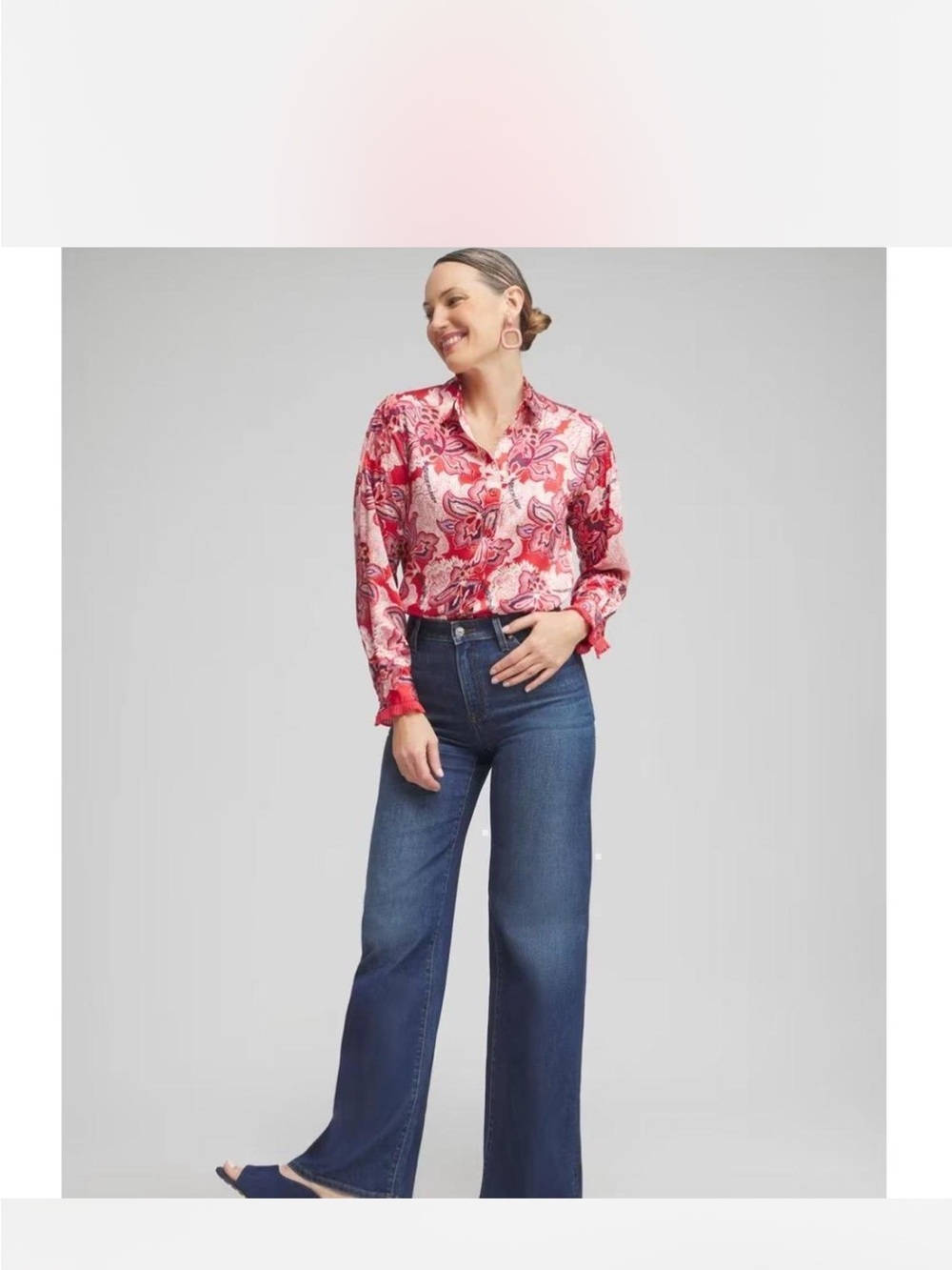 Chico's Floral Print Button-Front Blouse Size 00 (US 2) Ruffle Cuff